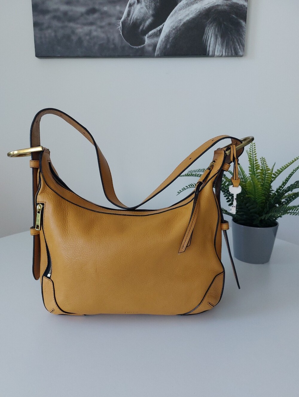 Fossil Women Slouchy Leather Shoulder Hobo Bag Amber Color